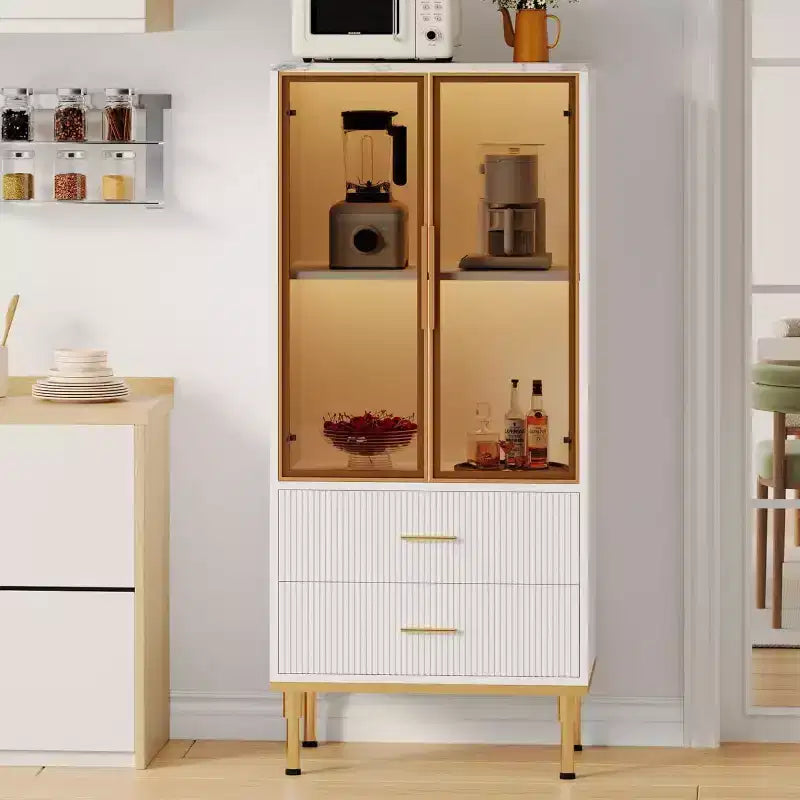 Armoire de rangement cannelée avec porte vitrée, tiroirs et étagères réglables