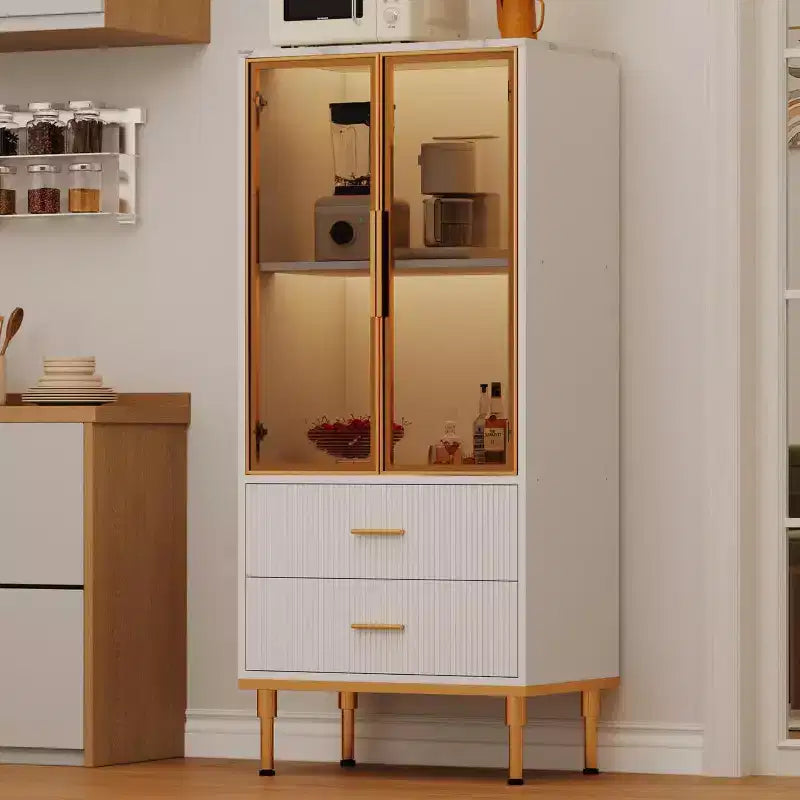 Armoire de rangement cannelée avec porte vitrée, tiroirs et étagères réglables