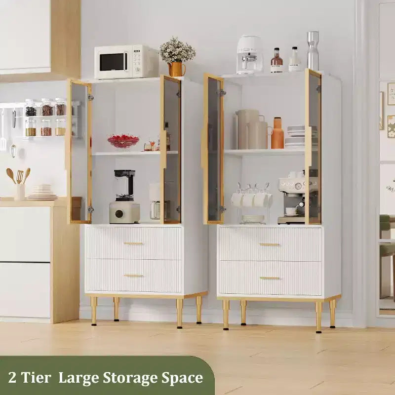 Armoire de rangement cannelée avec porte vitrée, tiroirs et étagères réglables