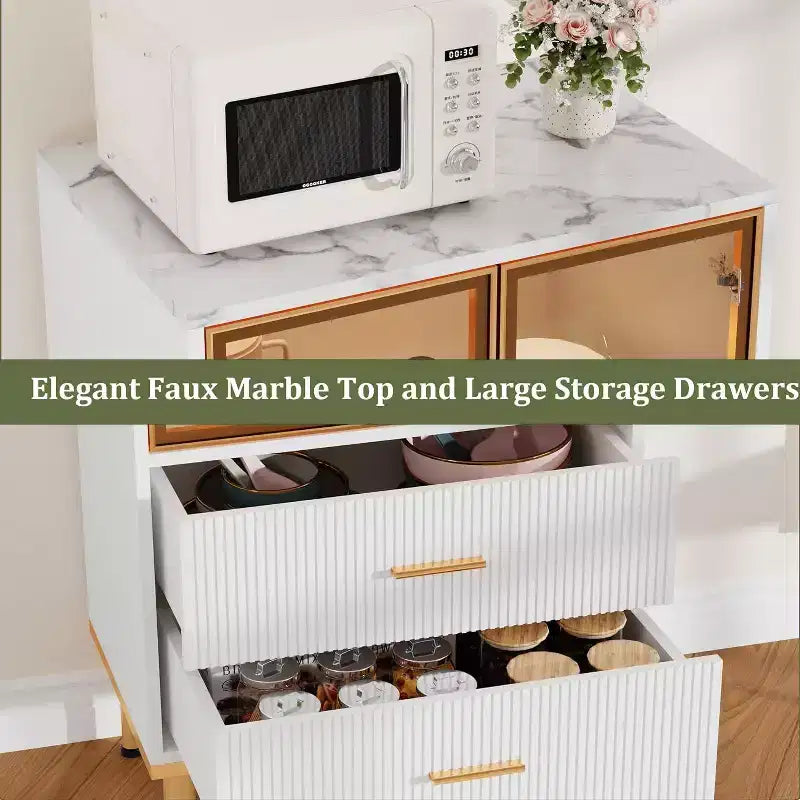 Armoire de rangement cannelée avec porte vitrée, tiroirs et étagères réglables