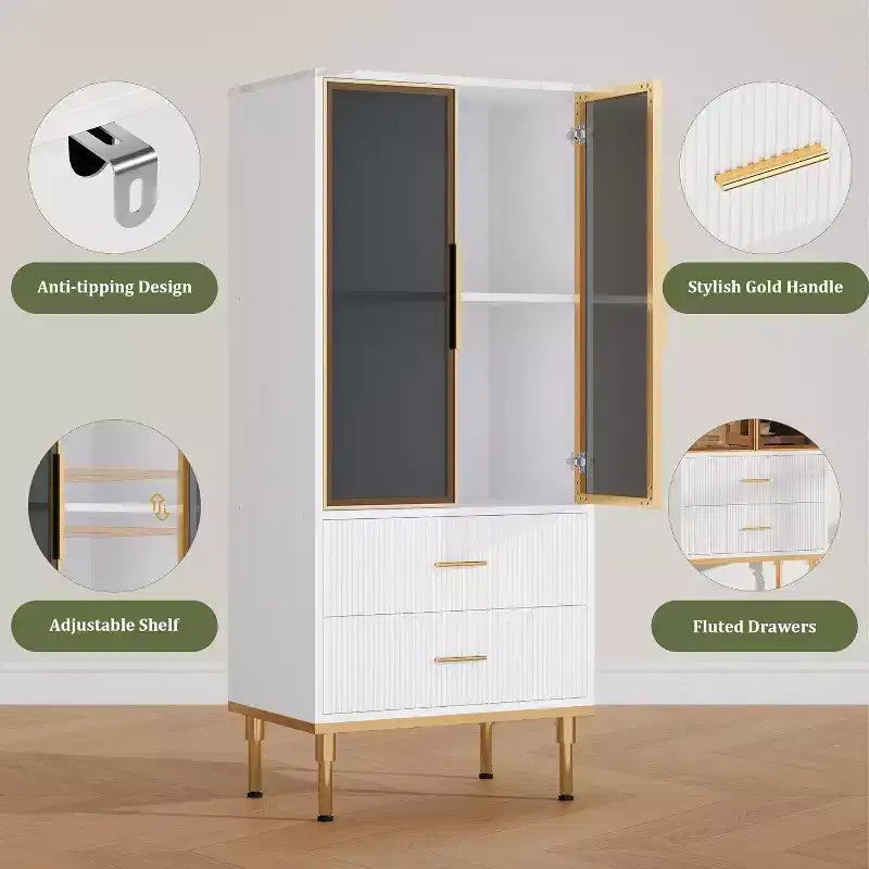 Armoire de rangement cannelée avec porte vitrée, tiroirs et étagères réglables