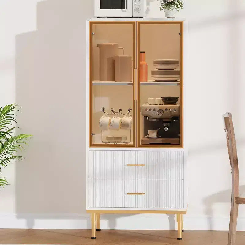 Armoire de rangement cannelée avec porte vitrée, tiroirs et étagères réglables