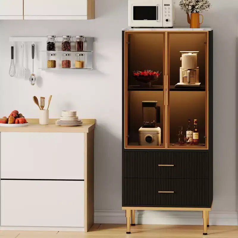 Armoire de rangement cannelée avec porte vitrée, tiroirs et étagères réglables