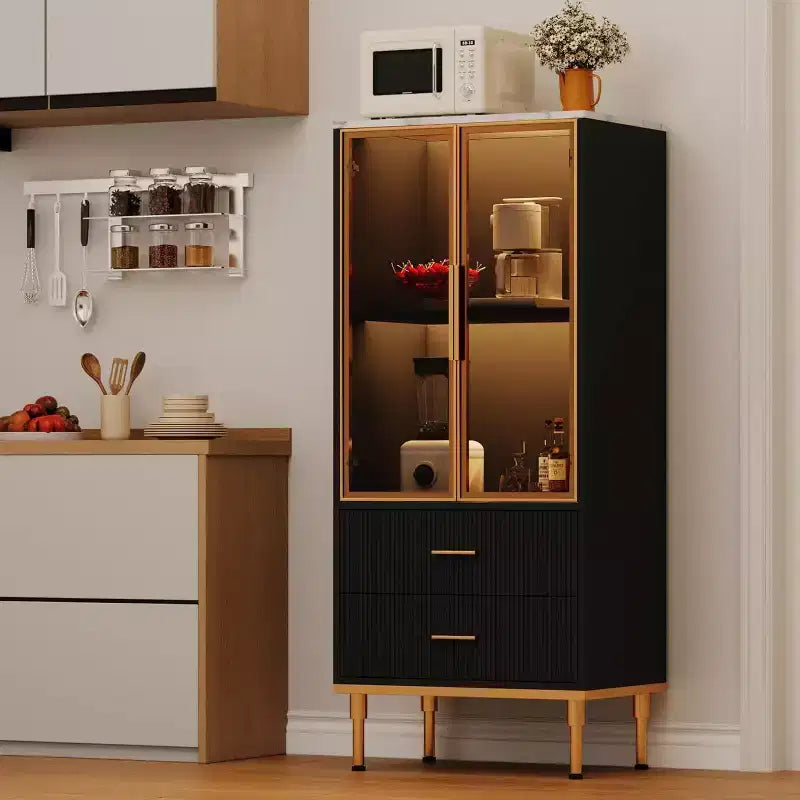 Armoire de rangement cannelée avec porte vitrée, tiroirs et étagères réglables