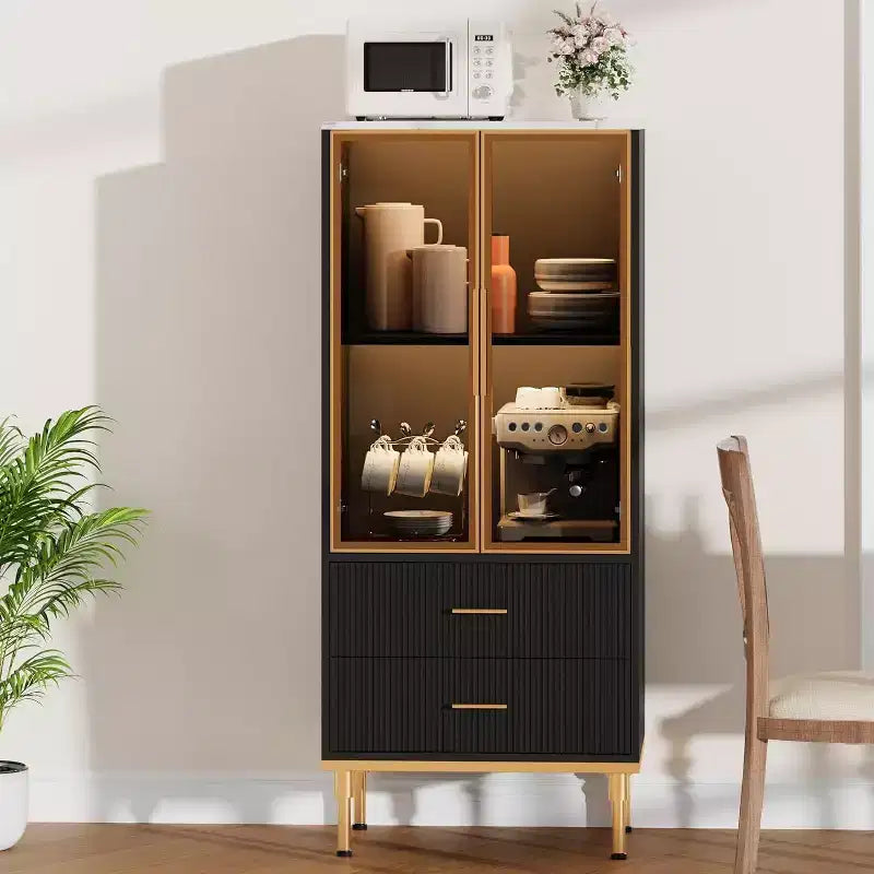 Armoire de rangement cannelée avec porte vitrée, tiroirs et étagères réglables
