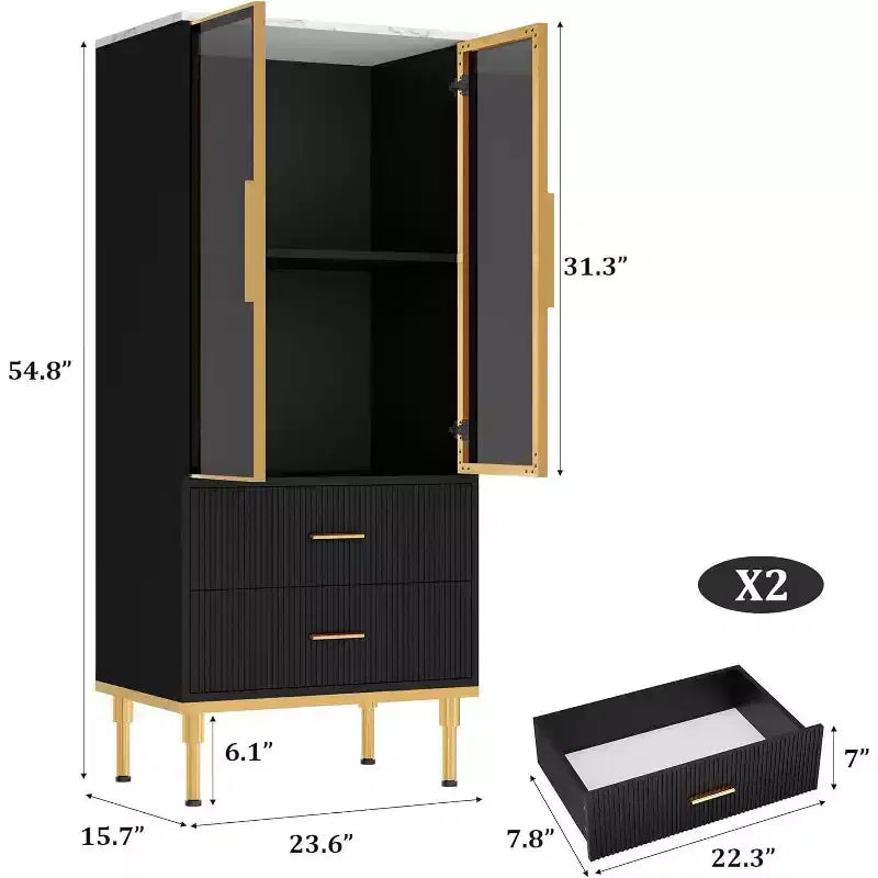 Armoire de rangement cannelée avec porte vitrée, tiroirs et étagères réglables