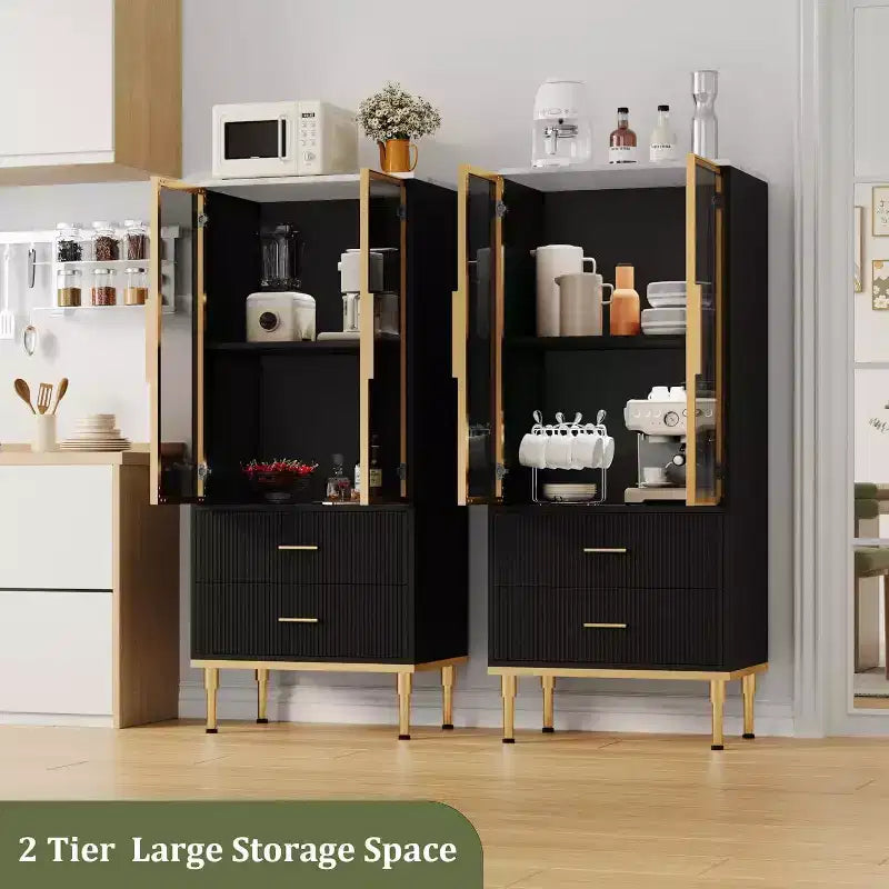 Armoire de rangement cannelée avec porte vitrée, tiroirs et étagères réglables