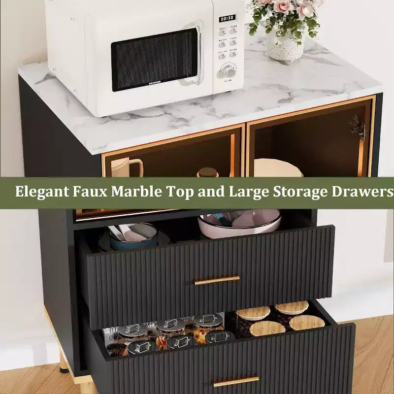 Armoire de rangement cannelée avec porte vitrée, tiroirs et étagères réglables