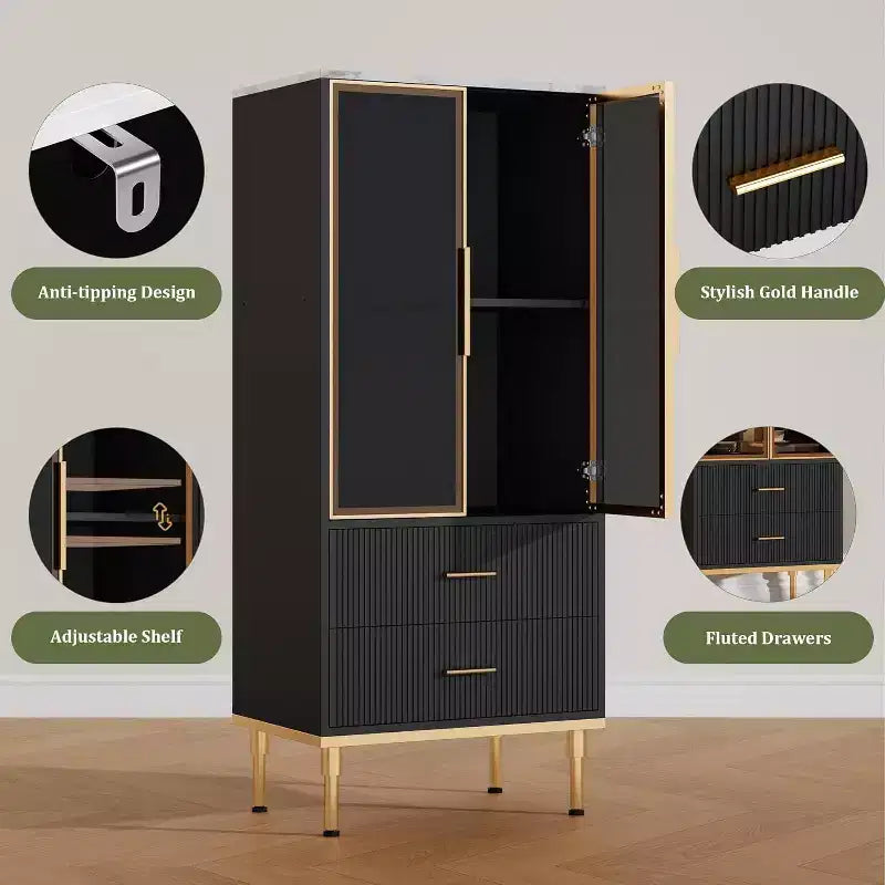 Armoire de rangement cannelée avec porte vitrée, tiroirs et étagères réglables