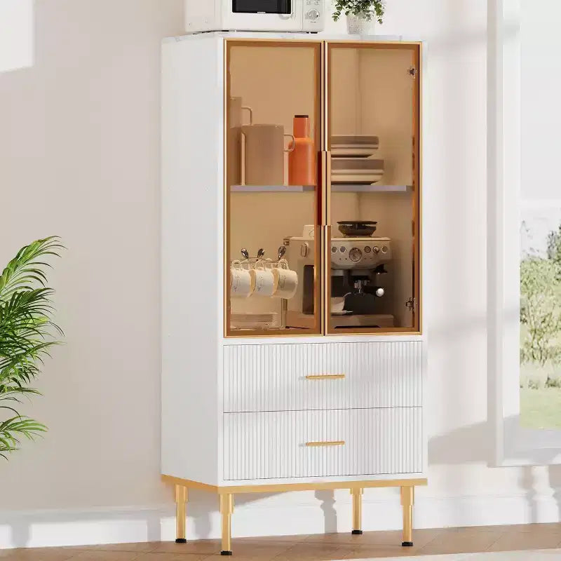 Armoire de rangement cannelée avec porte vitrée, tiroirs et étagères réglables