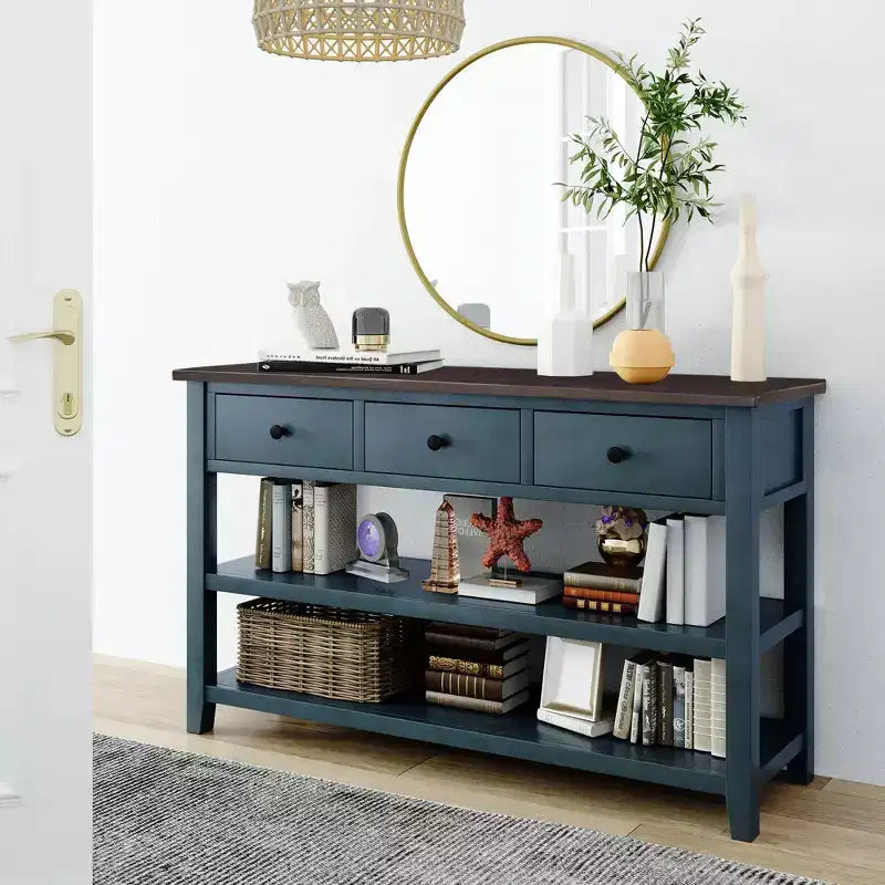 Table console rétro 50 pouces avec 3 tiroirs, table d'entrée avec cadre et pieds en bois, table de couloir avec deux étagères pour salon, foyer