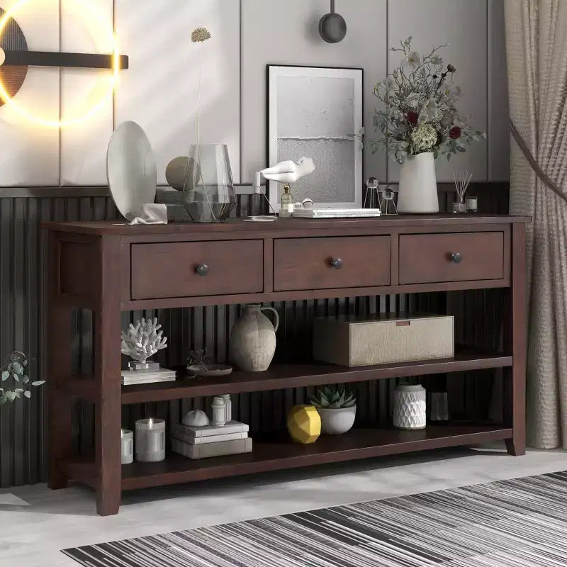 Table console rétro 50 pouces avec 3 tiroirs, table d'entrée avec cadre et pieds en bois, table de couloir avec deux étagères pour salon, foyer