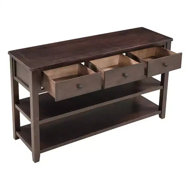 Table console rétro 50 pouces avec 3 tiroirs, table d'entrée avec cadre et pieds en bois, table de couloir avec deux étagères pour salon, foyer