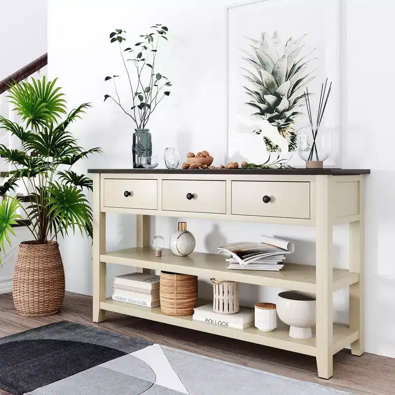 Table console rétro 50 pouces avec 3 tiroirs, table d'entrée avec cadre et pieds en bois, table de couloir avec deux étagères pour salon, foyer