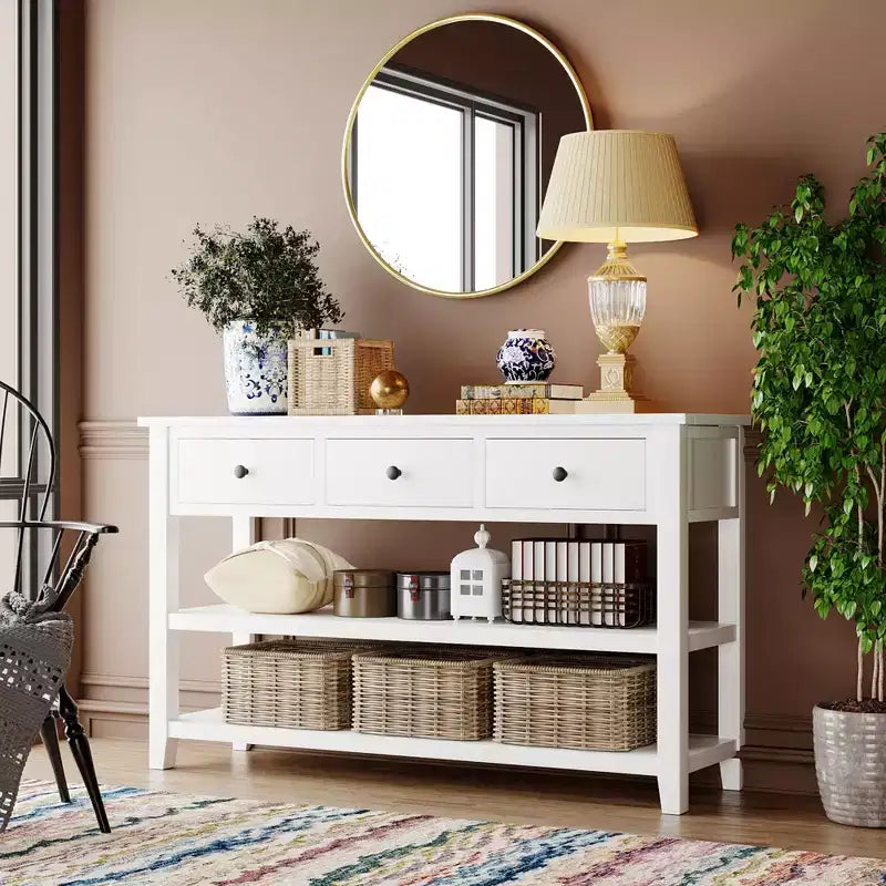 Table console rétro 50 pouces avec 3 tiroirs, table d'entrée avec cadre et pieds en bois, table de couloir avec deux étagères pour salon, foyer