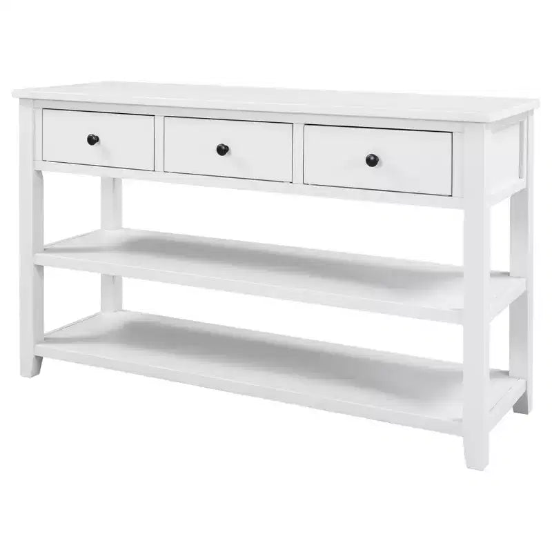 Table console rétro 50 pouces avec 3 tiroirs, table d'entrée avec cadre et pieds en bois, table de couloir avec deux étagères pour salon, foyer