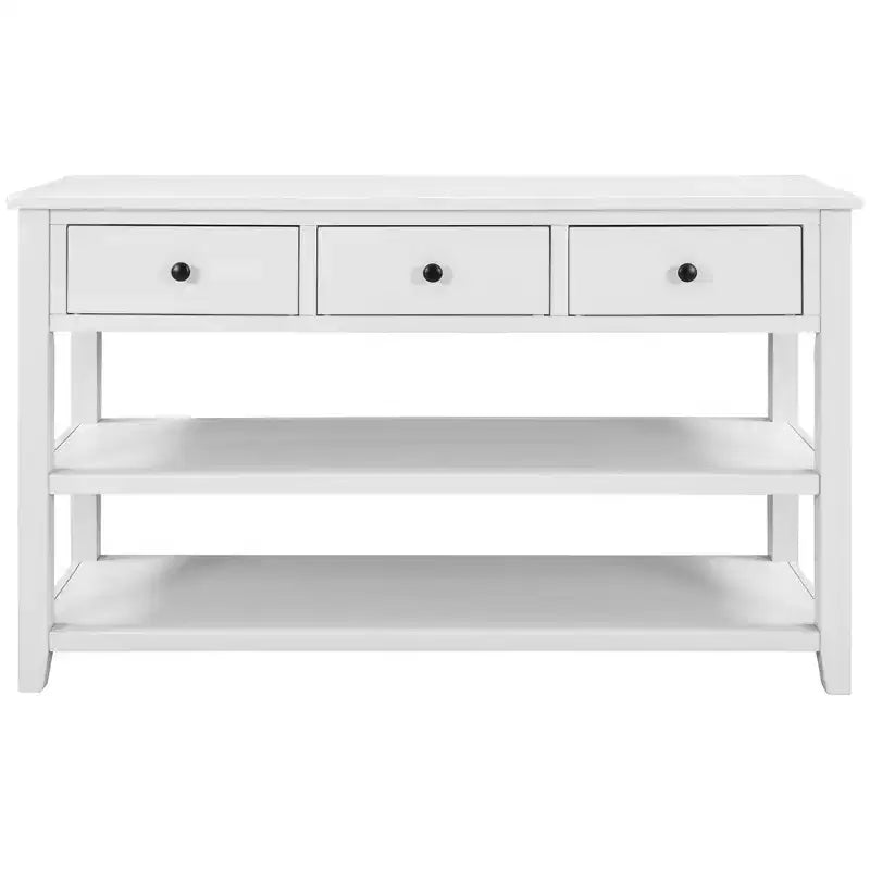 Table console rétro 50 pouces avec 3 tiroirs, table d'entrée avec cadre et pieds en bois, table de couloir avec deux étagères pour salon, foyer