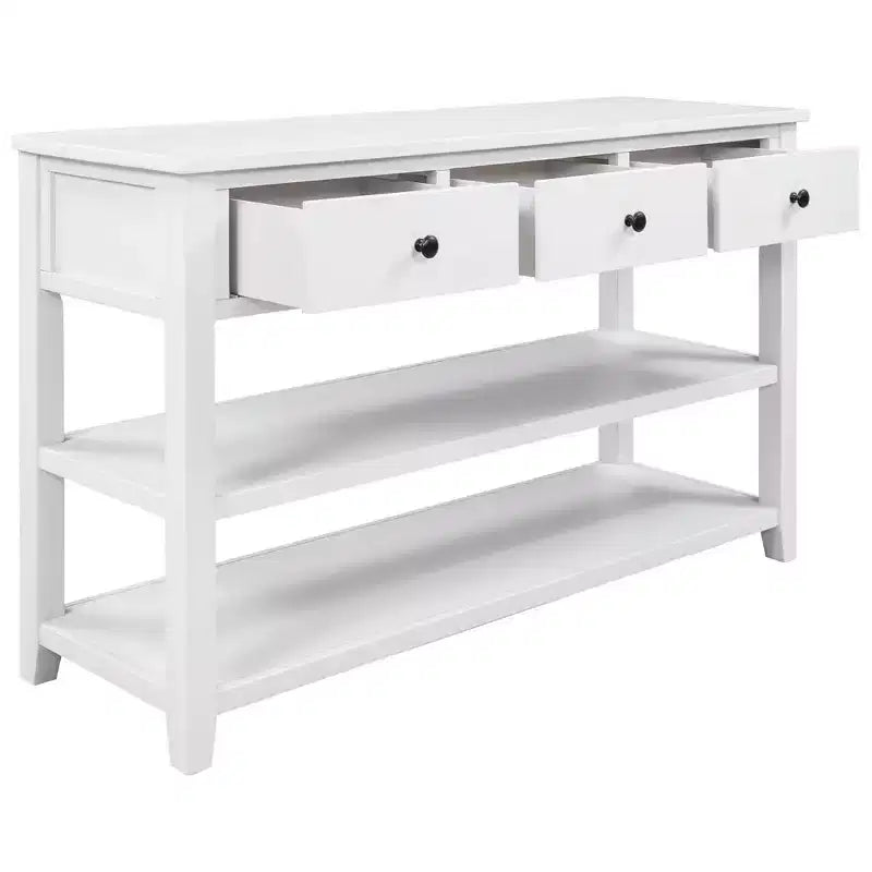 Table console rétro 50 pouces avec 3 tiroirs, table d'entrée avec cadre et pieds en bois, table de couloir avec deux étagères pour salon, foyer