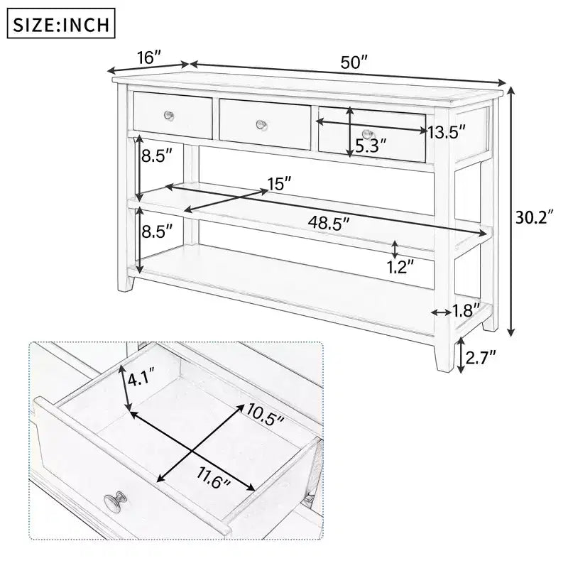 Table console rétro 50 pouces avec 3 tiroirs, table d'entrée avec cadre et pieds en bois, table de couloir avec deux étagères pour salon, foyer