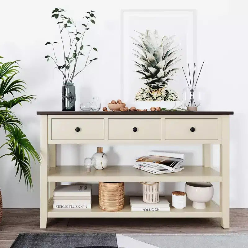 Table console rétro 50 pouces avec 3 tiroirs, table d'entrée avec cadre et pieds en bois, table de couloir avec deux étagères pour salon, foyer