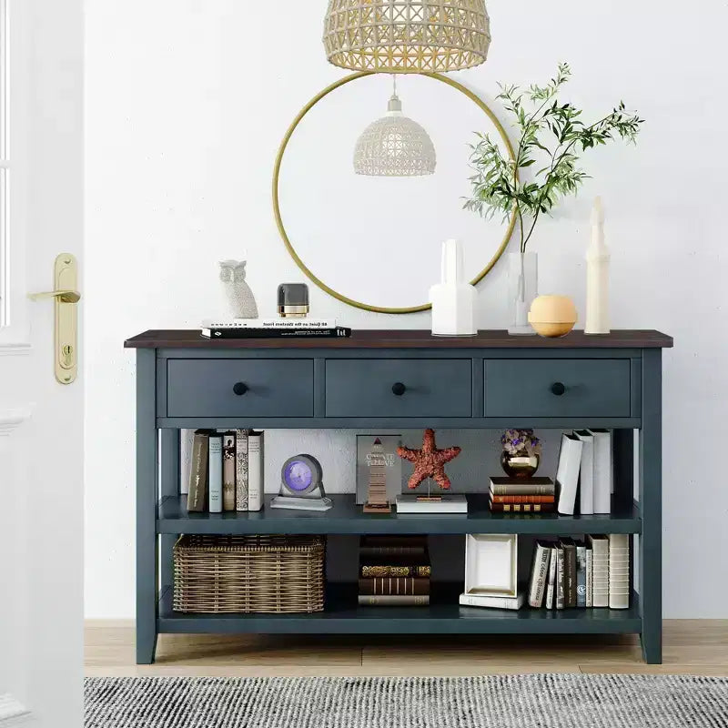 Table console rétro 50 pouces avec 3 tiroirs, table d'entrée avec cadre et pieds en bois, table de couloir avec deux étagères pour salon, foyer