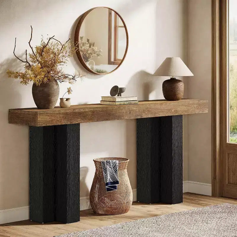 Lantine 63Farmhouse Console Table with Sturdy Legs, Narrow Long Sofa Console Behind Couch for Living Room, Hallway, Rustic Brown & Black