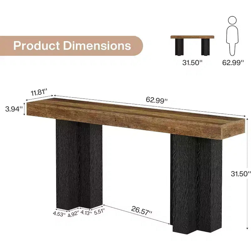63Table console de ferme avec pieds robustes, longue table console étroite derrière le canapé pour le salon, le couloir, marron rustique et noir