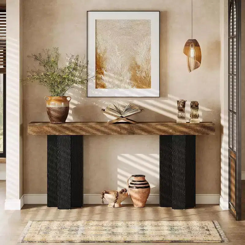63Table console de ferme avec pieds robustes, longue table console étroite derrière le canapé pour le salon, le couloir, marron rustique et noir