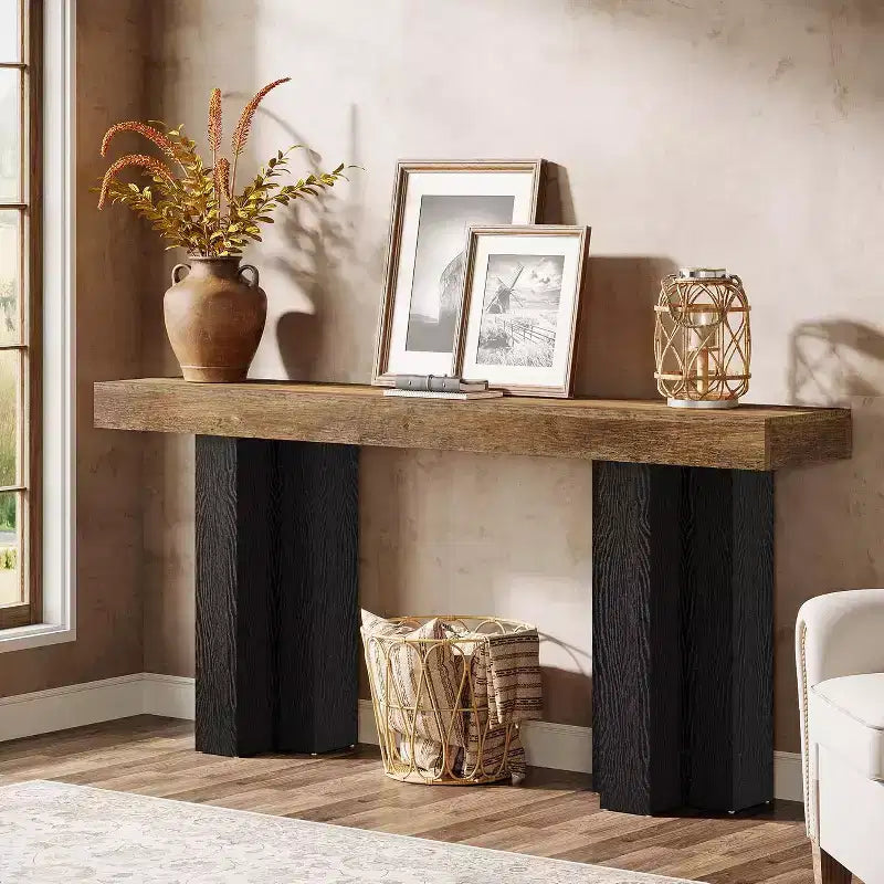 63Table console de ferme avec pieds robustes, longue table console étroite derrière le canapé pour le salon, le couloir, marron rustique et noir