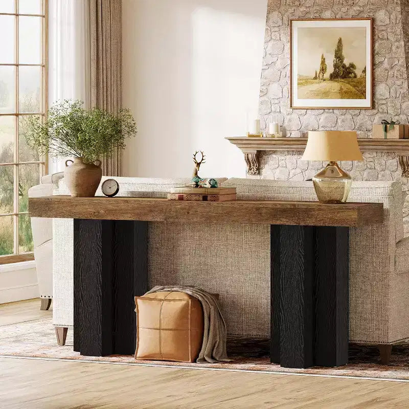 63Table console de ferme avec pieds robustes, longue table console étroite derrière le canapé pour le salon, le couloir, marron rustique et noir