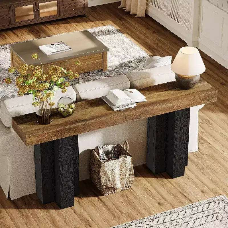 63Table console de ferme avec pieds robustes, longue table console étroite derrière le canapé pour le salon, le couloir, marron rustique et noir