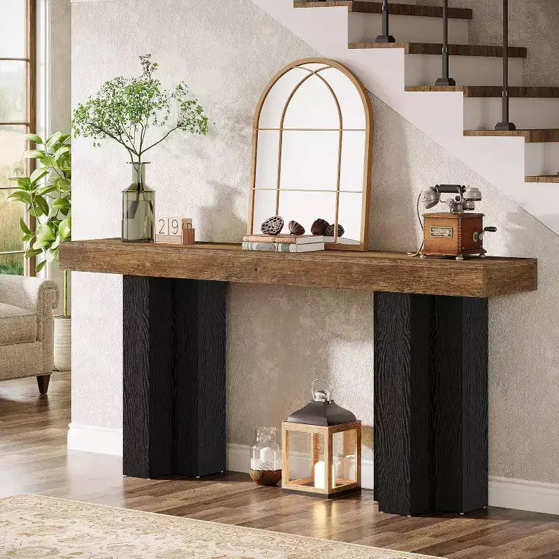 63Table console de ferme avec pieds robustes, longue table console étroite derrière le canapé pour le salon, le couloir, marron rustique et noir