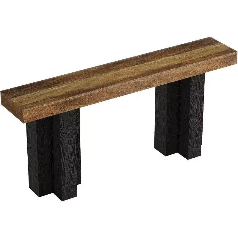 63Table console de ferme avec pieds robustes, longue table console étroite derrière le canapé pour le salon, le couloir, marron rustique et noir