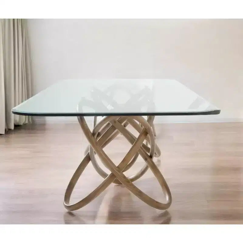 Table à manger à piédestal en verre et bois massif, 94 clairs et naturels
