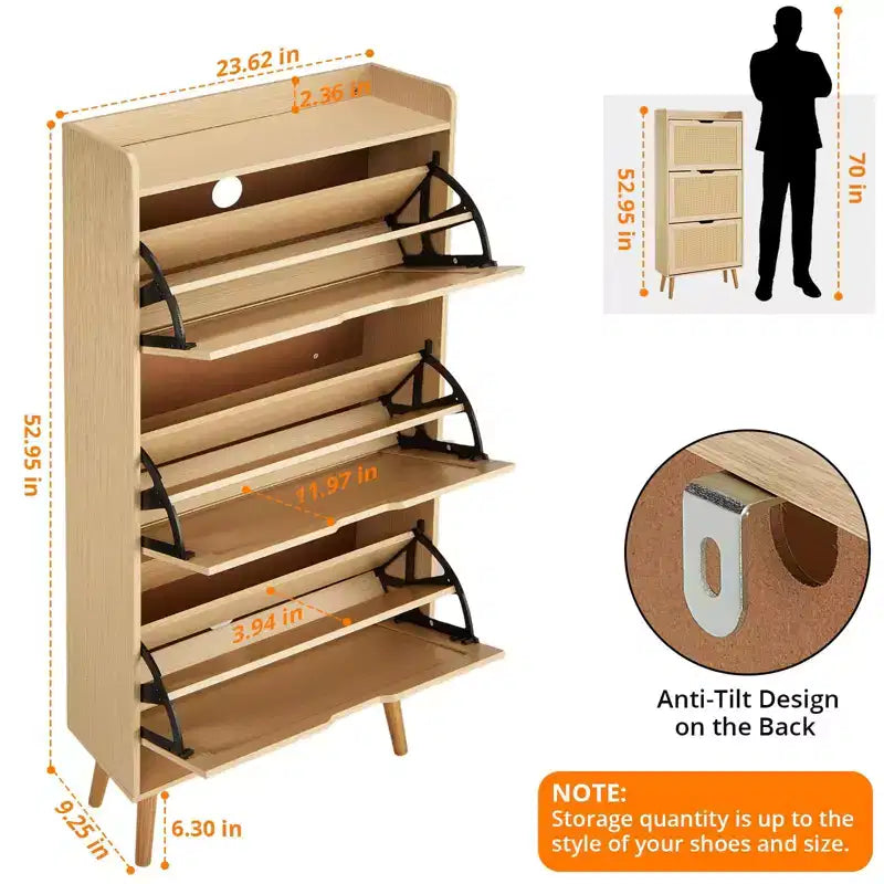 Meuble à chaussures chêne à 3 niveaux C Étroit avec tiroirs basculants en rotin pour entrée/couloir (3 tiroirs, design peu encombrant)