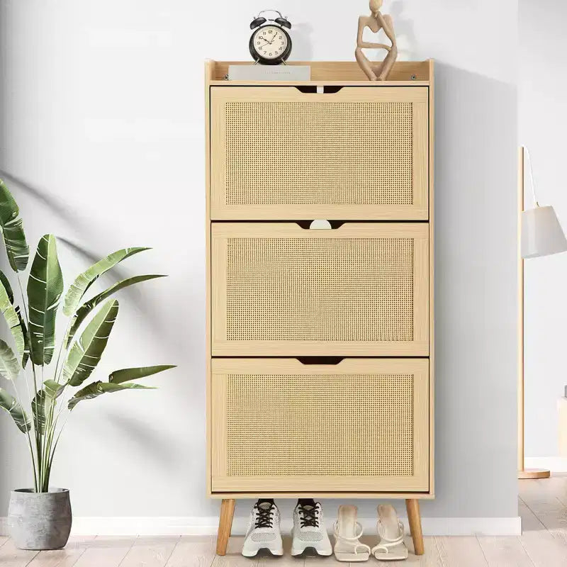 Meuble à chaussures chêne à 3 niveaux C Étroit avec tiroirs basculants en rotin pour entrée/couloir (3 tiroirs, design peu encombrant)