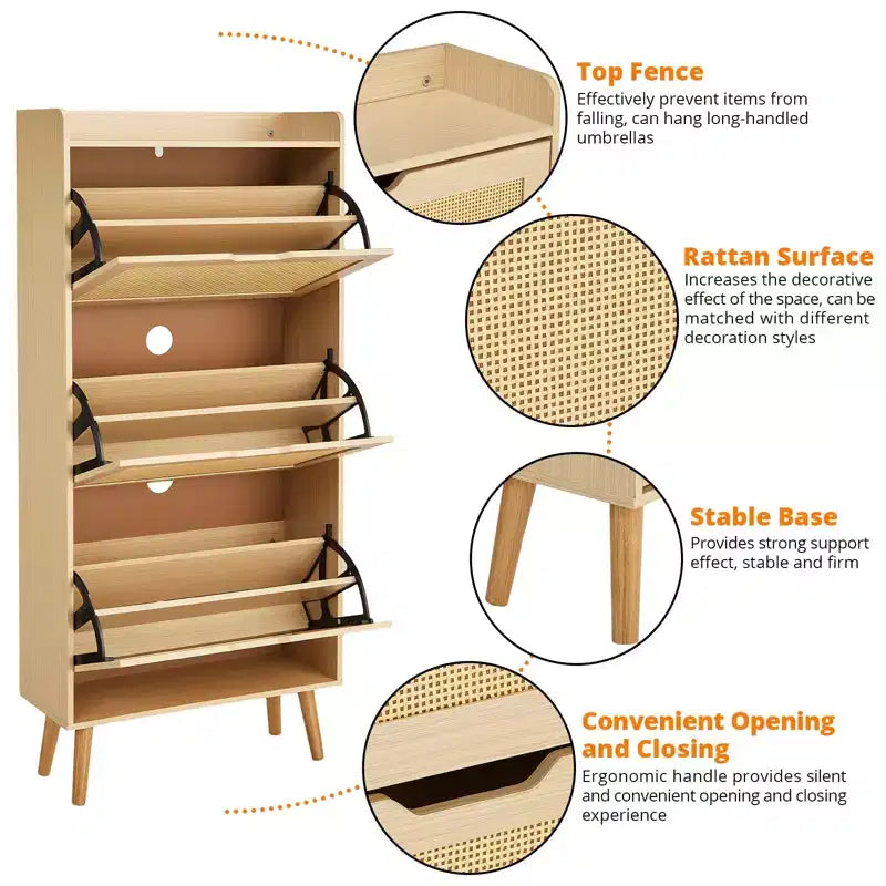 Meuble à chaussures chêne à 3 niveaux C Étroit avec tiroirs basculants en rotin pour entrée/couloir (3 tiroirs, design peu encombrant)