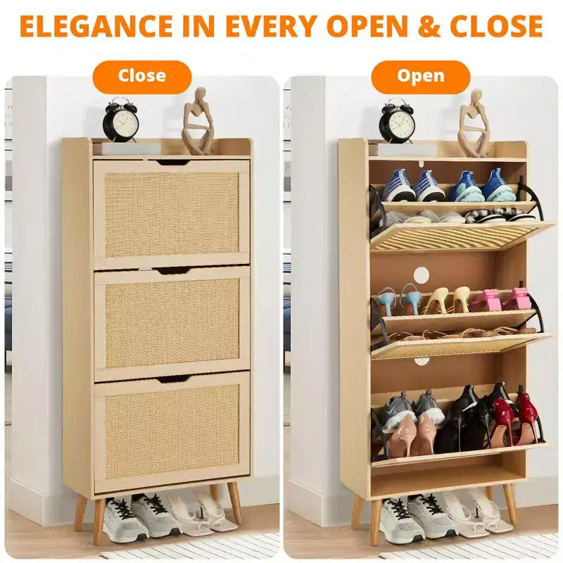 Meuble à chaussures chêne à 3 niveaux C Étroit avec tiroirs basculants en rotin pour entrée/couloir (3 tiroirs, design peu encombrant)