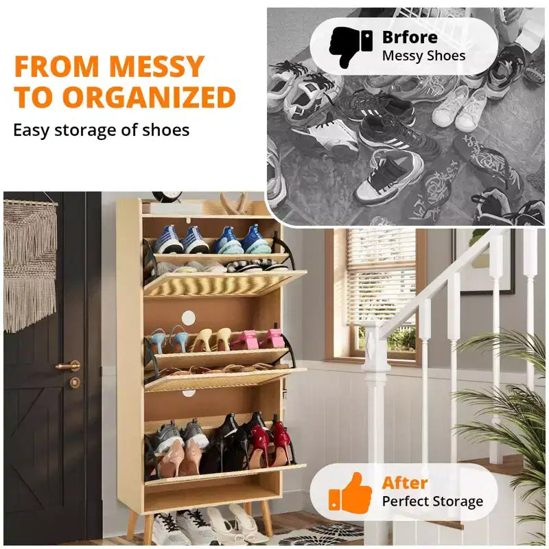 Meuble à chaussures chêne à 3 niveaux C Étroit avec tiroirs basculants en rotin pour entrée/couloir (3 tiroirs, design peu encombrant)