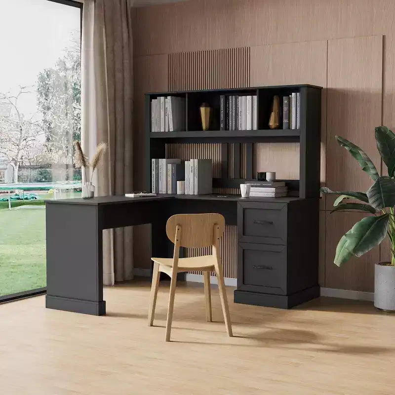 Bureau d'angle minimaliste de 152 cm avec étagère, bureau debout avec 2 tiroirs, bureau gamer pour l'étude, la salle de lecture, le bureau