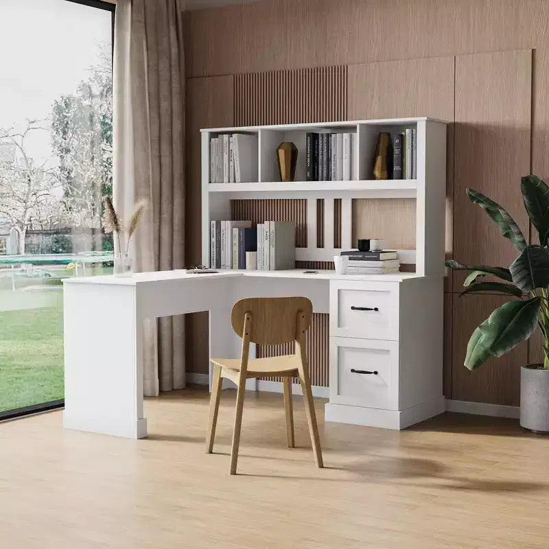 Bureau d'angle minimaliste de 152 cm avec étagère, bureau debout avec 2 tiroirs, bureau gamer pour l'étude, la salle de lecture, le bureau