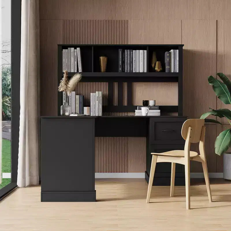 Bureau d'angle minimaliste de 152 cm avec étagère, bureau debout avec 2 tiroirs, bureau gamer pour l'étude, la salle de lecture, le bureau