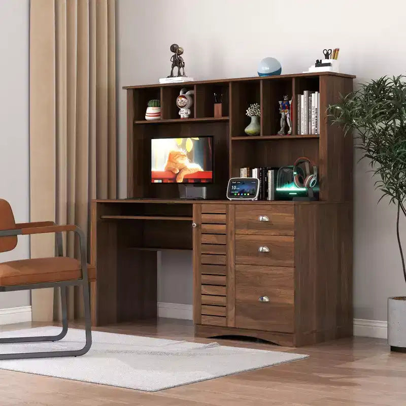 Bureaux de télétravail de 150 cm avec bibliothèque, bureau assis-debout avec 3 tiroirs et 1 porte de rangement, bureau d'ordinateur pour bureau, salle de lecture, noyer