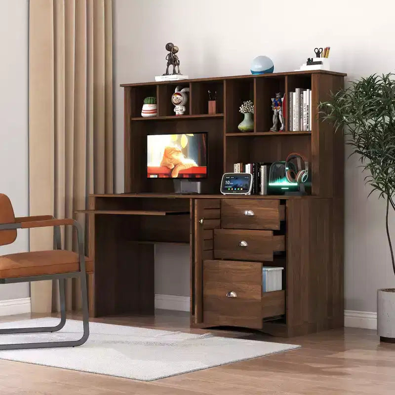 Bureaux de télétravail de 150 cm avec bibliothèque, bureau assis-debout avec 3 tiroirs et 1 porte de rangement, bureau d'ordinateur pour bureau, salle de lecture, noyer