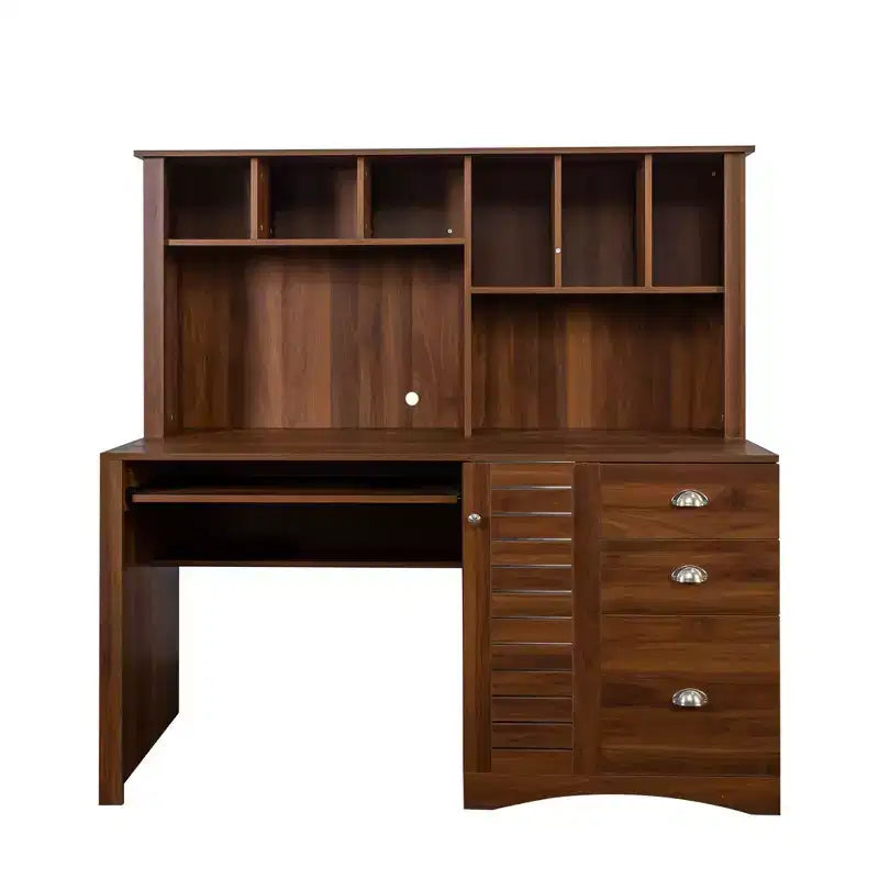 Bureaux de télétravail de 150 cm avec bibliothèque, bureau assis-debout avec 3 tiroirs et 1 porte de rangement, bureau d'ordinateur pour bureau, salle de lecture, noyer