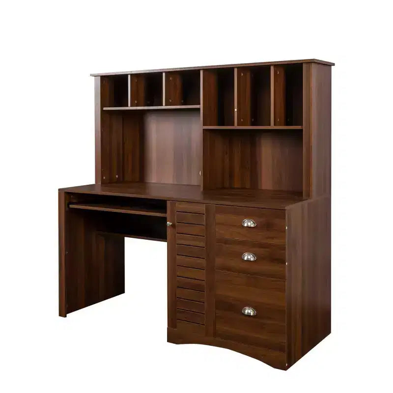 Bureaux de télétravail de 150 cm avec bibliothèque, bureau assis-debout avec 3 tiroirs et 1 porte de rangement, bureau d'ordinateur pour bureau, salle de lecture, noyer
