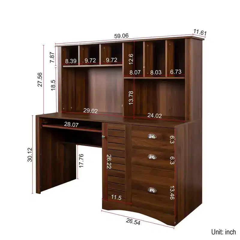 Bureaux de télétravail de 150 cm avec bibliothèque, bureau assis-debout avec 3 tiroirs et 1 porte de rangement, bureau d'ordinateur pour bureau, salle de lecture, noyer