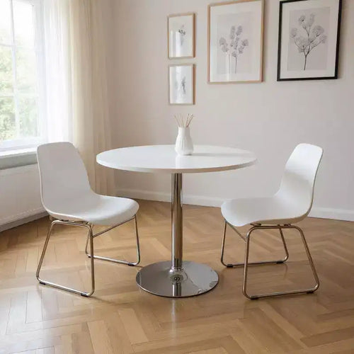 Table à manger ronde à plateau en bois et métal blanc et argenté sur pied central, 36