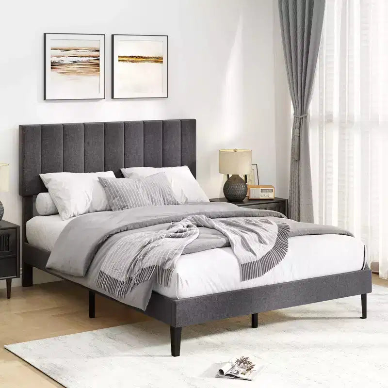 Cadre de lit double/grand lit/très grand lit avec tête de lit capitonnée verticale réglable en hauteur, sans bruit gris/beige