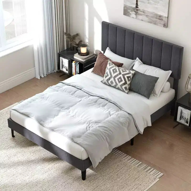 Cadre de lit double/grand lit/très grand lit avec tête de lit capitonnée verticale réglable en hauteur, sans bruit gris/beige